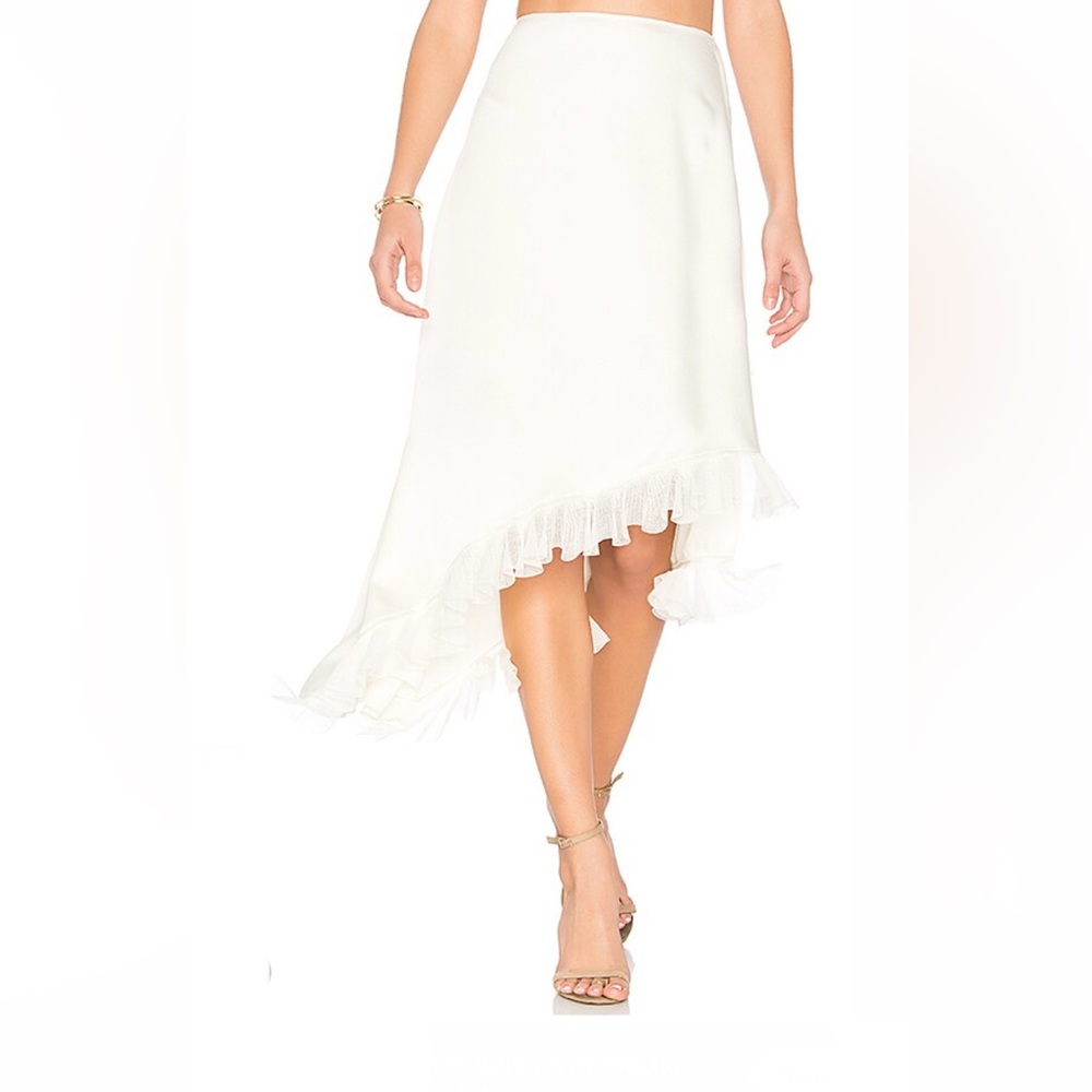 Elizabeth and James Ailie Asymmetric Satin Midi Skirt in Ivory | REVOLVE Size 2